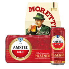 Amstel pilsener of Amstel Blond
tray van 6 flesjes/blikken à 30/33 cl,
tray van 24 blikken à 50 cl of blik à 50 cl
of Birra More